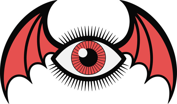 Flying Eyeball with Bat Wings Vector Illustration: Old School Tattoo Style Graphic.