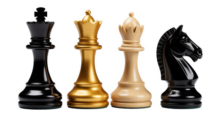 Chess pieces in different colors king queen knight isolated on a transparent background