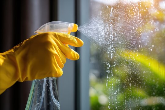 Hand in yellow glove spraying cleaning solution on window glass. Closeup of household disinfection and hygiene routine. Concept of cleanliness, sanitation and home maintenance