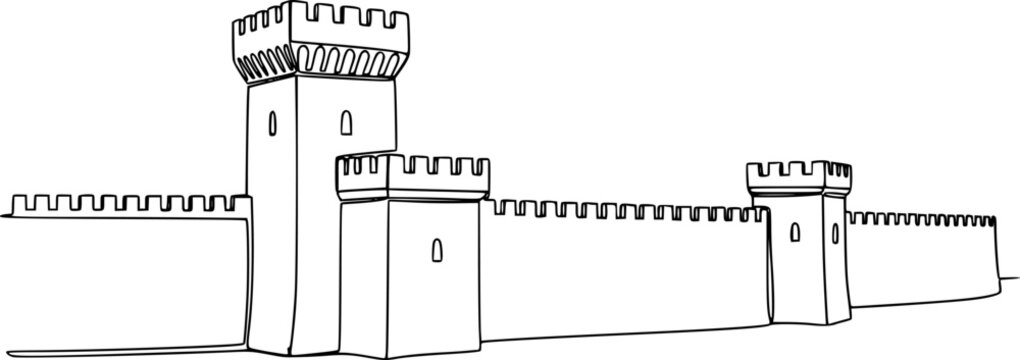 Minimalistic continuous line drawing portraying a fortified castle wall with battlements and a tower