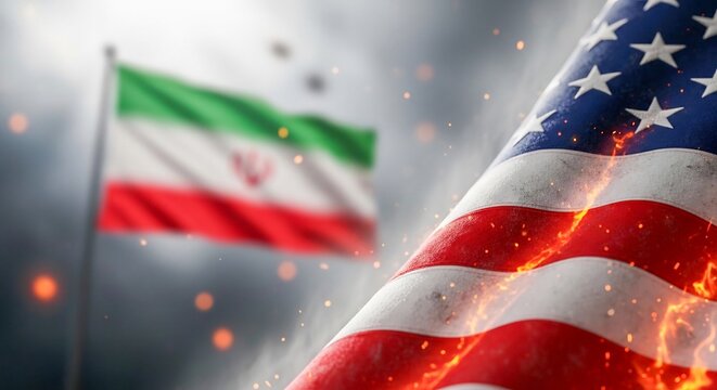 USA Iran Flags Tension Conflict Sparks Fire, Ceasefire War, Talk, Agreement
