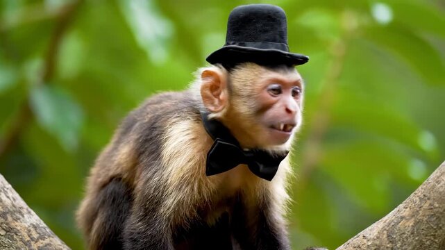 A monkey in a top hat and bowtie sits in a tree, with green background