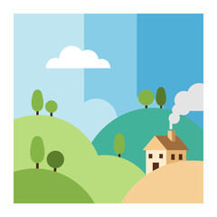 A house on a hill with trees and a cloud