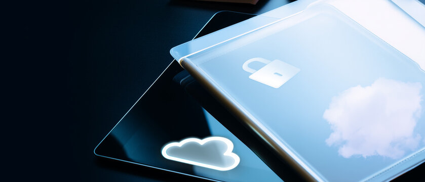 Tablet e dispositivo digital com &iacute;cones de nuvem representando armazenamento online, tecnologia cloud e compartilhamento de dados.