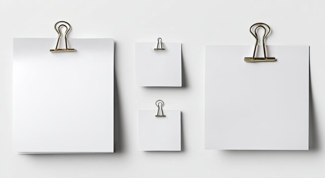 Four white papers of various sizes, held by gold-toned binder clips, on a white surface