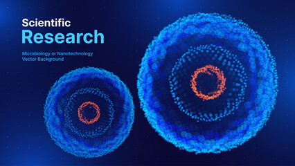 Scientific Research Background with Microscopic Cellular Forms and Data Metrics. Biotechnology, Medicine, and Nanoscience Technology Concept. Vector Illustration.