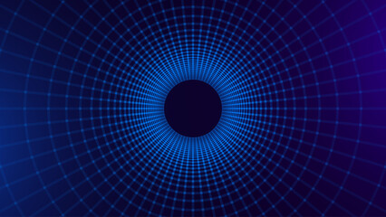 Blue Digital Tunnel or Wormhole. Wireframe Abstract Mesh with Hole. 3D Tunnel Grid Mesh. Blue Hi Tech Texture. Technology or Science Vector Illustration. © ec0de