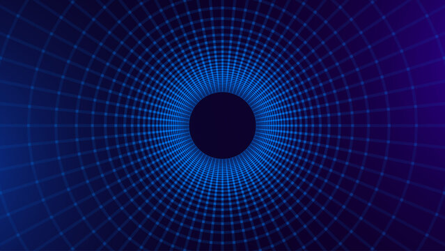 Blue Digital Tunnel or Wormhole. Wireframe Abstract Mesh with Hole. 3D Tunnel Grid Mesh. Blue Hi Tech Texture. Technology or Science Vector Illustration.