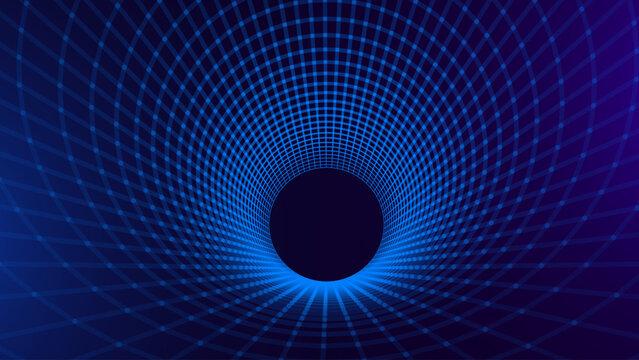Blue Digital Tunnel or Wormhole. Wireframe Abstract Mesh with Hole. 3D Tunnel Grid Mesh. Blue Hi Tech Texture. Technology or Science Vector Illustration.
