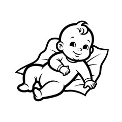Infant in white onesie on blanket smiling and lying on soft surface  