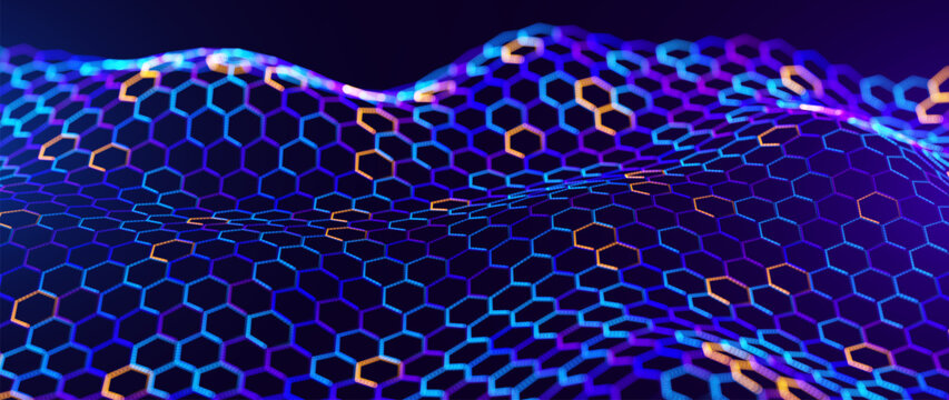 Futuristic Hexagonal Mesh Landscape with Dynamic Light Reflections. Advanced Technology Data Surface Representing Nanomaterials and Innovation Concept. Vector Illustration.