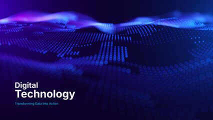 Naklejka na ściany i meble Big Data Technology Flow Background with Neural Network Particles and Digital Stream Lines. Futuristic Data Science Concept. Tech Business Presentation or Annual Report Template. Vector Illustration.