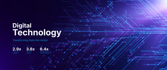 Naklejka na ściany i meble Digital Technology Background with Futuristic Circuit Board Lines and Data Connections. High Tech Information Processing and Cyber Network Innovation Concept. Vector Illustration.