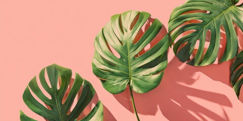 Obraz premium Monstera Leaves on Salmon Pink Background with Soft Shadows Still Life Photography
