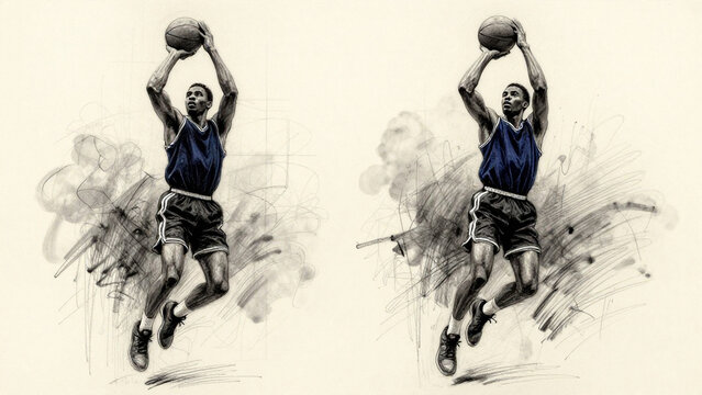 Illustration von einem Basketballspieler in doppelter Ausf&uuml;hrung, sw, wei&szlig;er Hintergrund