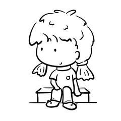 Obraz premium Little girl sitting on a bench looking right cartoon outline illustration