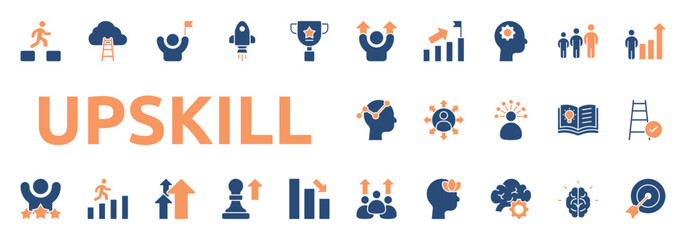 Upskill icon two color style with success, growth, creative thinking, teamwork, career icons