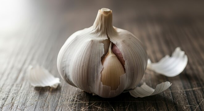 Garlic bulb on wooden surface with peeled skin.