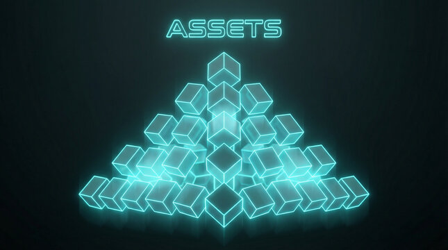 Neon blue 3D cubes form an upward pyramid shape beneath the glowing word "ASSETS," symbolizing growth and accumulation in a digital or futuristic style.