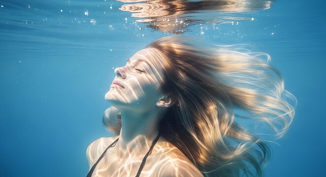 Woman with flowing blonde hair underwater in clear blue water.