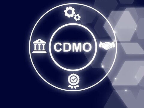 CDMO acronym. A Contract Development and Manufacturing Organization is a company that provides comprehensive services to pharmaceutical. medical device companies. Showing CDMO icons on virtual screen.