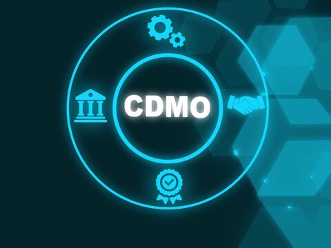 CDMO acronym. A Contract Development and Manufacturing Organization is a company that provides comprehensive services to pharmaceutical. medical device companies. Showing CDMO icons on virtual screen.