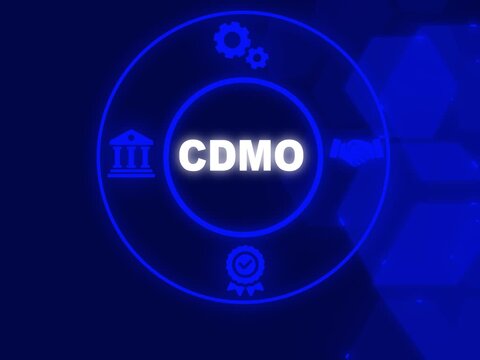 CDMO acronym. A Contract Development and Manufacturing Organization is a company that provides comprehensive services to pharmaceutical. medical device companies. Showing CDMO icons on virtual screen.