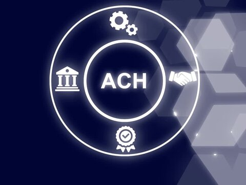 ACH Automated clearing house concept, financial network in the United States that facilitates electronic money transfers. Business, technology, internet and network concept.  Showing ACH icons...