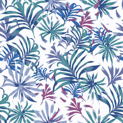 Colorful hand-painted tropical palm leaves seamless pattern in artistic brushstroke style on white background for textile print for fabric, seamless pattern