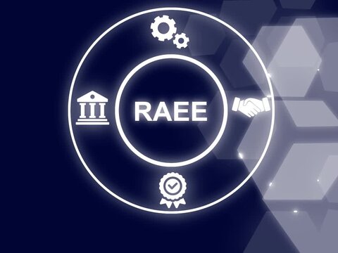 RAEE Electronic waste recycling concept translated to Spanish with icons of e-waste, phones and equipment. Business concept background, motion graphics. 4K video Showing VUCA icons on virtual screen. 