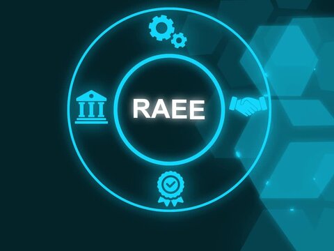 RAEE Electronic waste recycling concept translated to Spanish with icons of e-waste, phones and equipment. Business concept background, motion graphics. 4K video Showing VUCA icons on virtual screen. 