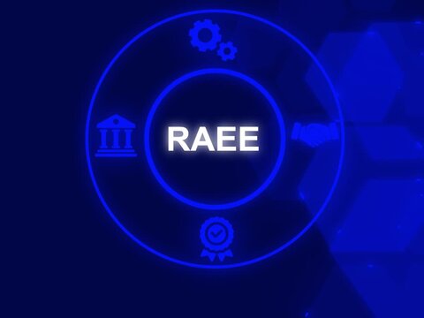 RAEE Electronic waste recycling concept translated to Spanish with icons of e-waste, phones and equipment. Business concept background, motion graphics. 4K video Showing VUCA icons on virtual screen. 