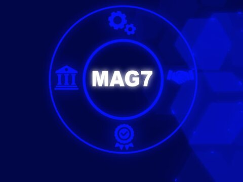 MAG7 acronym. The Magnificent Seven stocks are a group of high performing and influential companies in the U.S. stock market. Business concept background.Showing MAG7 icons on virtual screen.