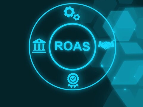 ROAS Return on Ads Spent in marketing concept with futuristic background. showing ROAS icons on virtual screen. Return on Ad Spend ROAS Business Concept Icons Connected. 4K video..