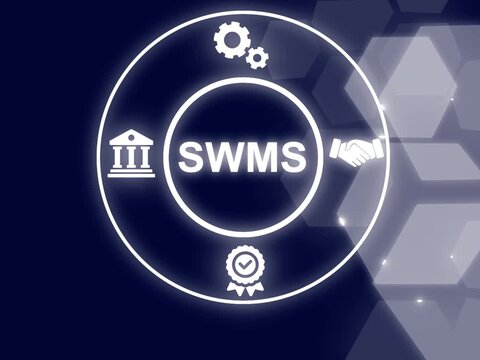 SWMS is a document that sets out the high risk construction work to be carried out at a workplace. the hazards arising from these activities. Business concept. Showing SWMS icons on virtual screen. 

