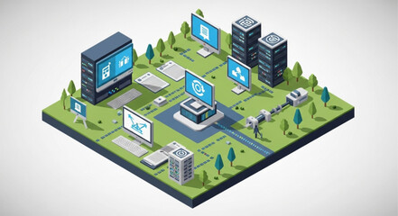 Fototapeta premium Isometric Digital City Network Infrastructure Technology Concept.