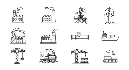 Industrial Icons Depicting Factories, Transportation, and Construction.