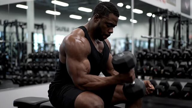 A muscular man works out with a dumbbell while sitting on a bench in a gym