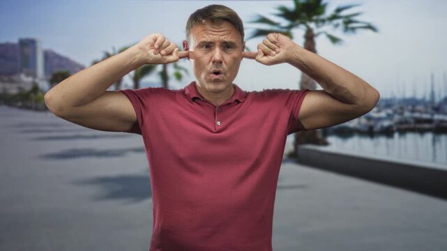 Man plugging fingers in ears on a marina promenade wearing a red polo shirt, grimacing and leaning slightly forward while blocking loud harbor noise; annoyance.