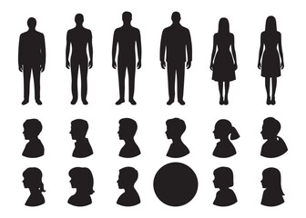 Adult and child silhouette collection showing full bodies and head profiles, black shapes, white © Md
