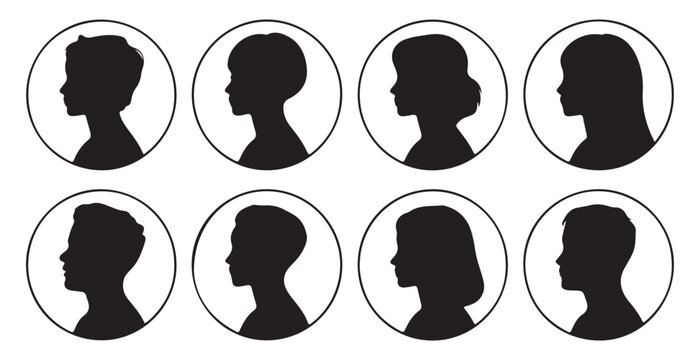 Children heads silhouette set, eight children profiles within circles, black shapes, white background