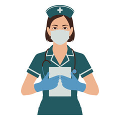 Young beautiful nurse flat character with face mask and gloves holding medical document on transparent background, medical worker woman in uniform and cap