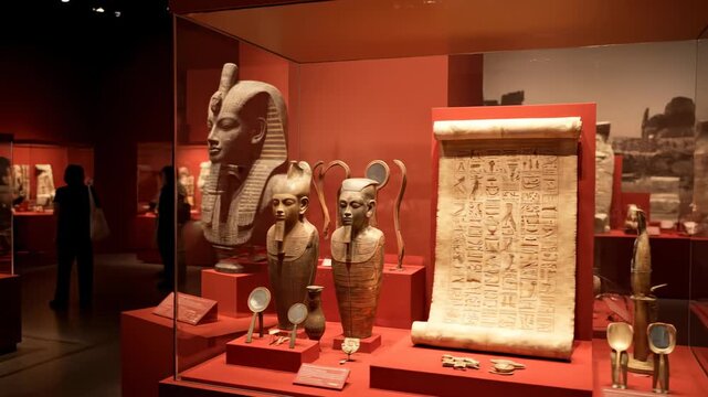 A museum display features ancient Egyptian artifacts, statues, and hieroglyphic scrolls