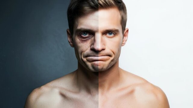 Young man's face, visually split, starkly revealing the deterioration from drug and alcohol abuse, against the vibrant appearance, optimal well being, and benefits of a healthy lifestyle