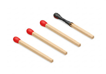 未使用と使用済みマッチ棒、白い背景上の整然とした配置図