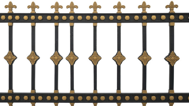 Black and gold decorative fence with fleur de lis isolated on a transparent background