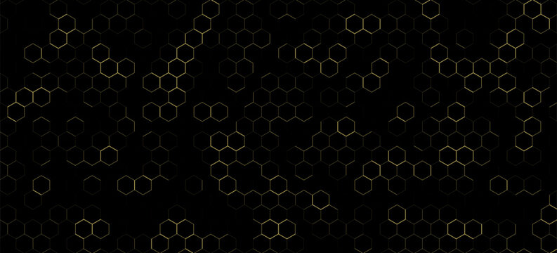 Luxury hexagonal abstract black metal background with golden light lines. Dark 3d geometric texture illustration. Bright grid pattern