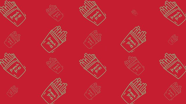 Foodthemed doodle design on red background with charming french fry container drawings. Perfect for restaurant menus, food blogs, and social media posts.
