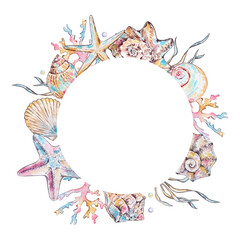 Watercolor seashell frame, underwater animals ocean.
