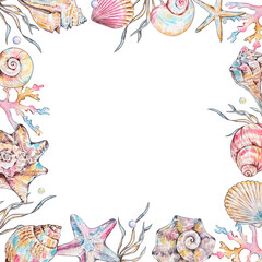 Watercolor seashell frame, underwater animals ocean.